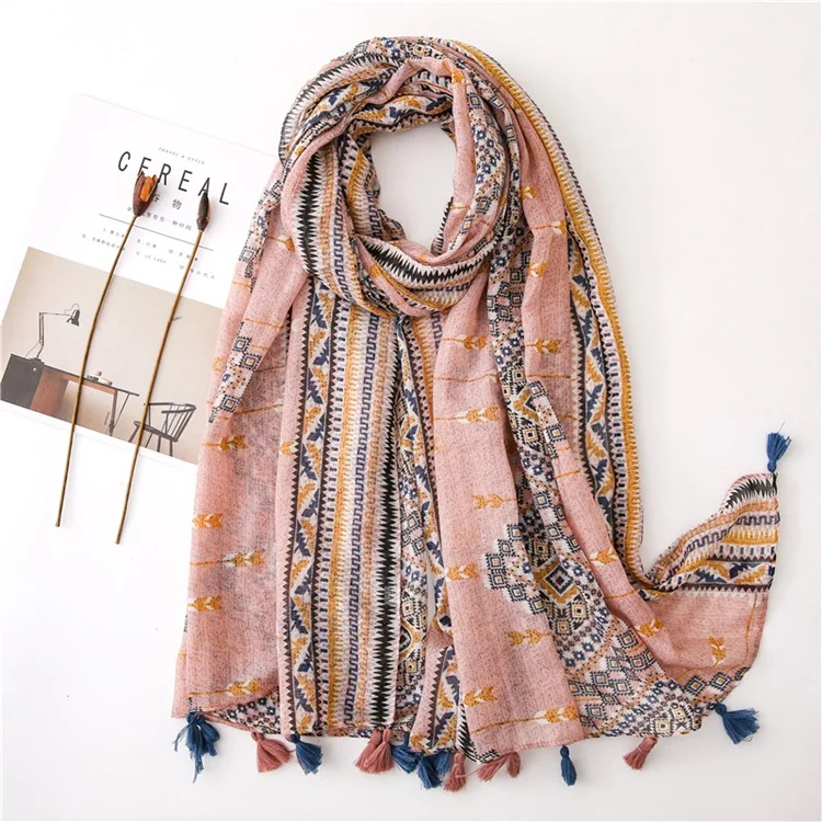Fashion Scarf Factory China Wholesale Long Voile Printed Women Head Tassel Scarf