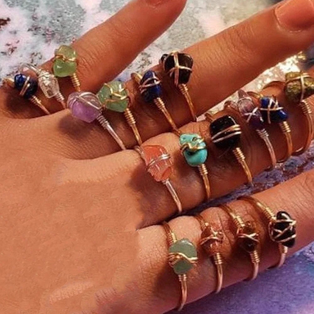 18K Gold Plated Healing Crystal Stone Wire Beads Geometric Rings Finger Jewelry Set