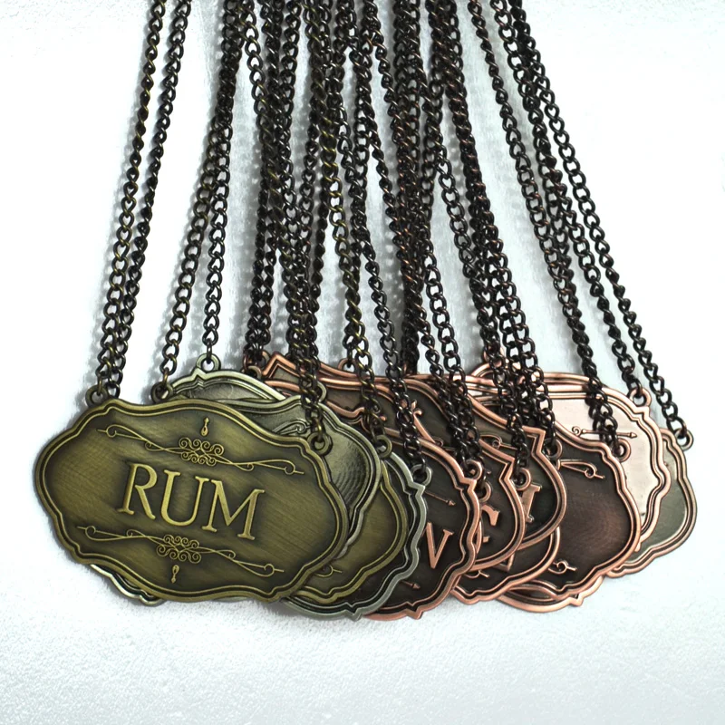 Modest luxurious style Custom zinc alloy Bottle Label metal logo metal sticker Adhesive metal wine label with chain