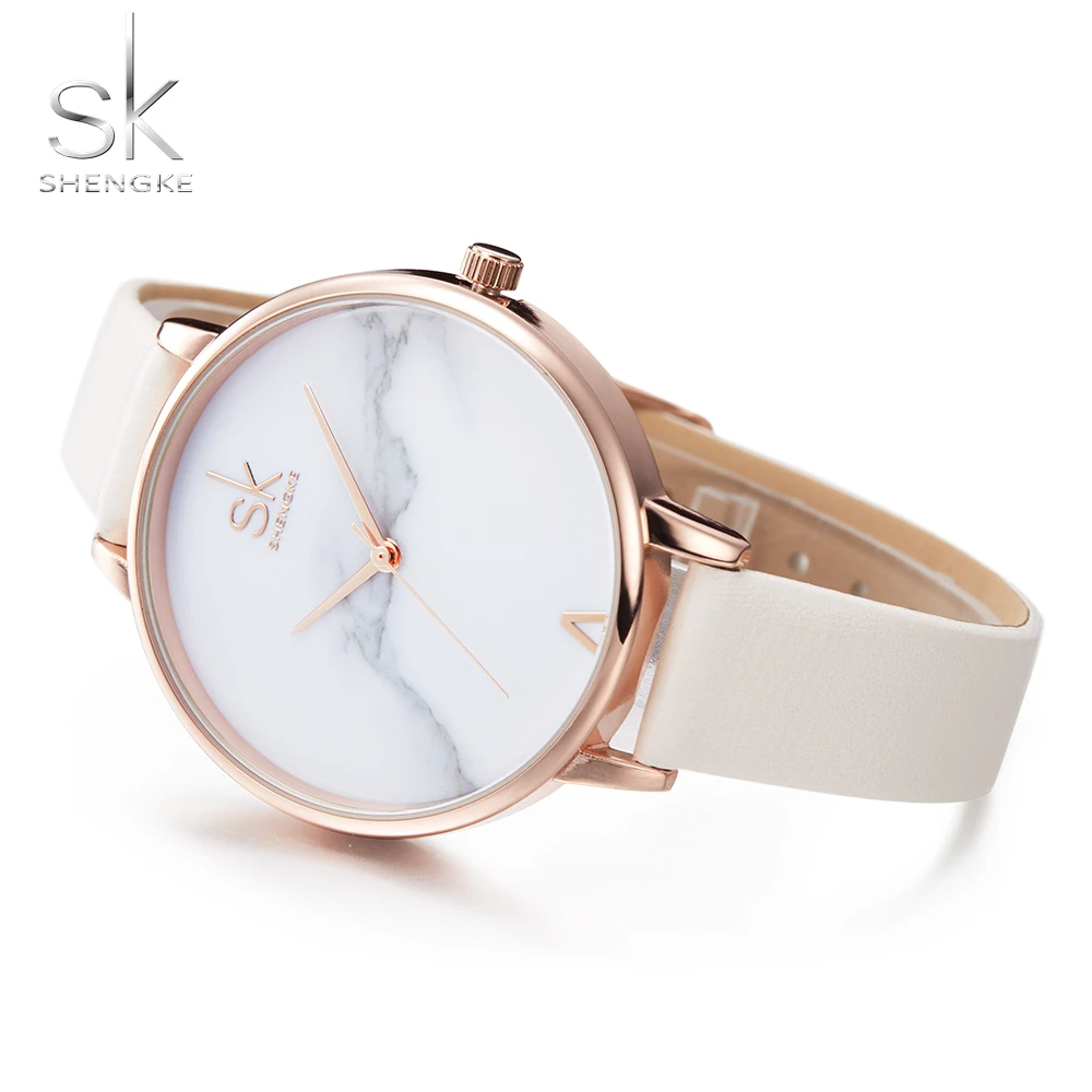 SK SHENGKE K0039 Ladies Leather Band Wristwatches Marbling Dial Design Personalized Quartz Women Watches