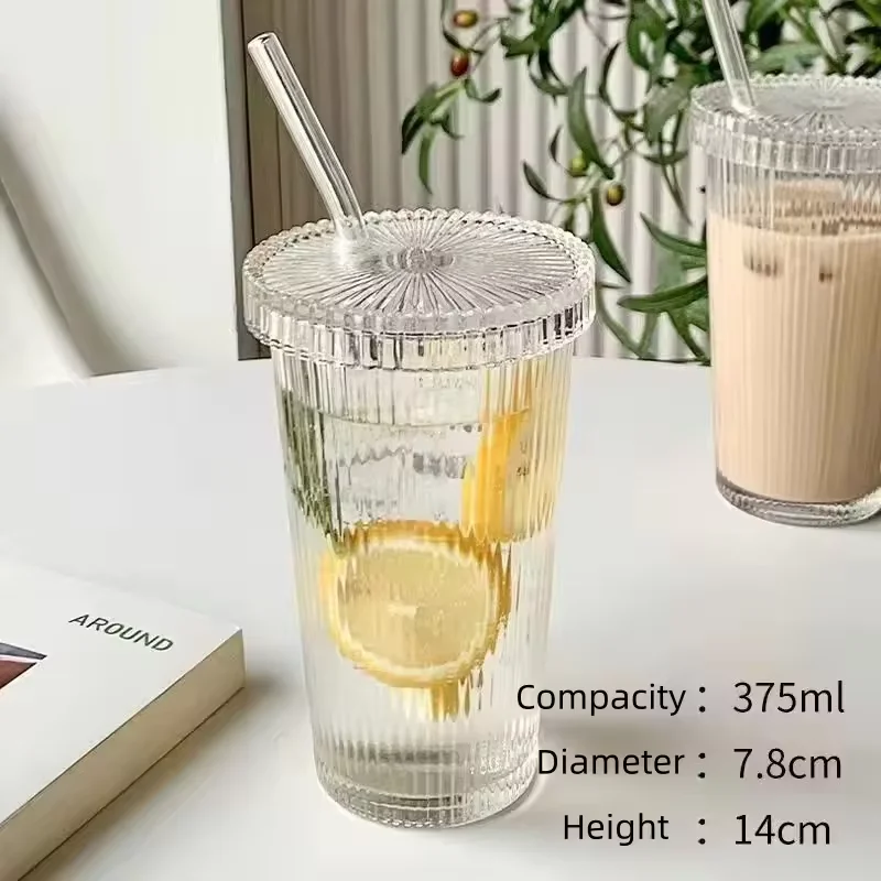 Top Quality Transparent Glass Bubble Tea Cup Bottle Simple Ribbed Vertical Stripes Glass Cup With Lid And Straw
