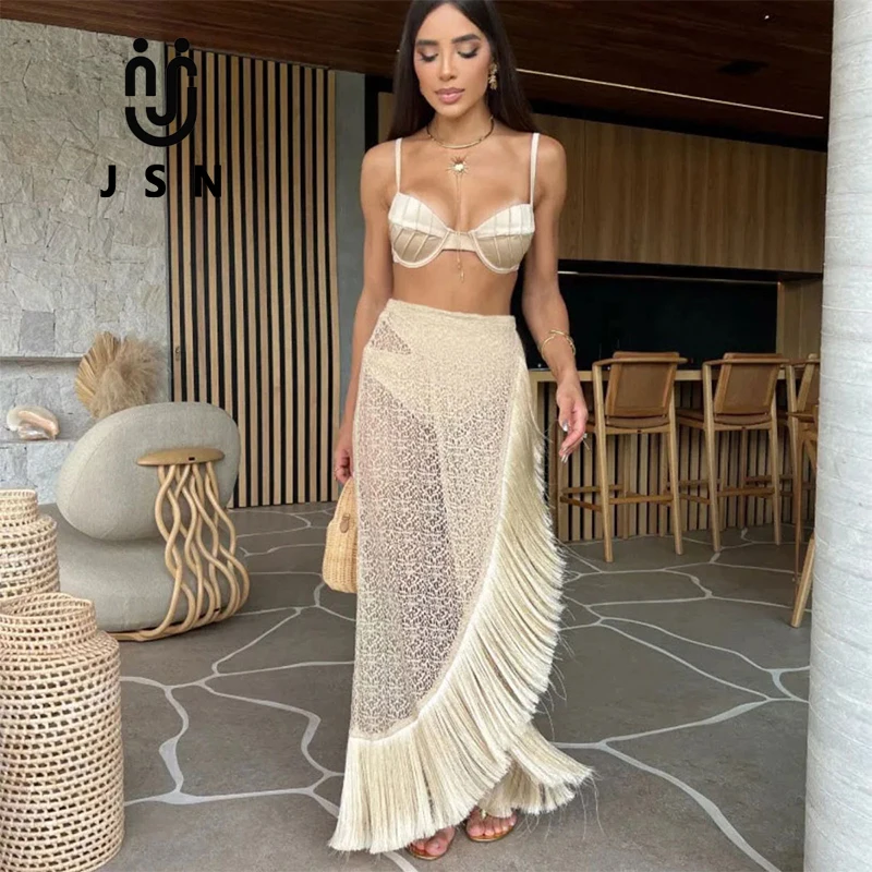 JSN 2024 бикини женский купальник на пуговицах с высокой талией купальный костюм комплект 3 фото юбкой кисточками