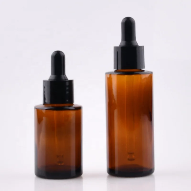 Amber clear 30ml 40ml 60ml 100ml 200ml flat shoulder cylinder glass dropper bottle for serum essential oil with black dropper