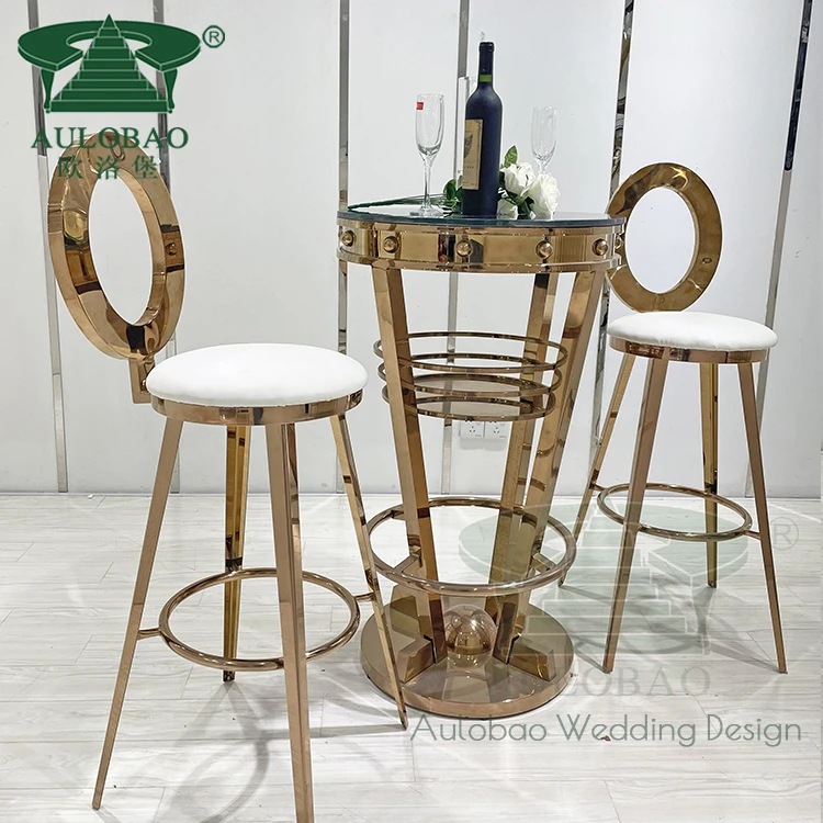 Party rental rose gold stainless steel round high back leather bar stool