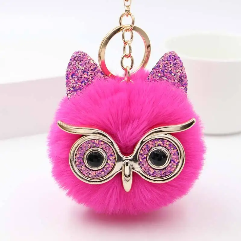 Wholesale Promotion Gift Fashion Key Chain Car Jewelry Accessories Colorful Fur Metal Owl Plush Pompom Key Chain