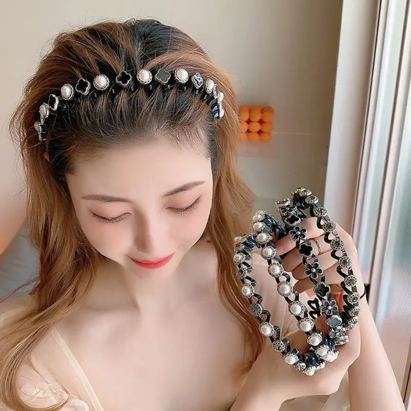 Wholesale Korea designs latest floral bow headbands making accessories wide black knot pearl hairbands for women winter outfit