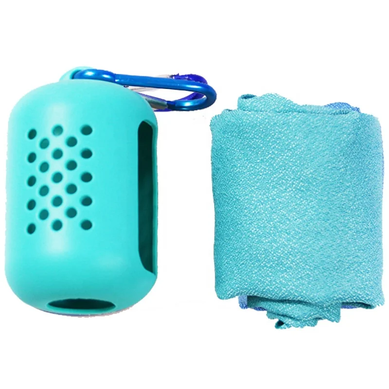 Silicone Case Sport Cooling Towel,Quick Dry Mini Gym Microfiber Towel Custom Logo With Portable Silicone Bag