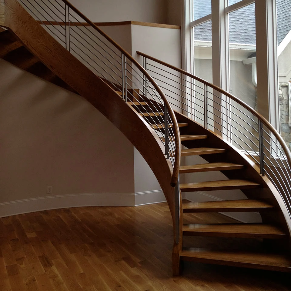 OEM indoor solid wood curved staircase wood step glass rails curved staircase curved staircase with glass balustrade