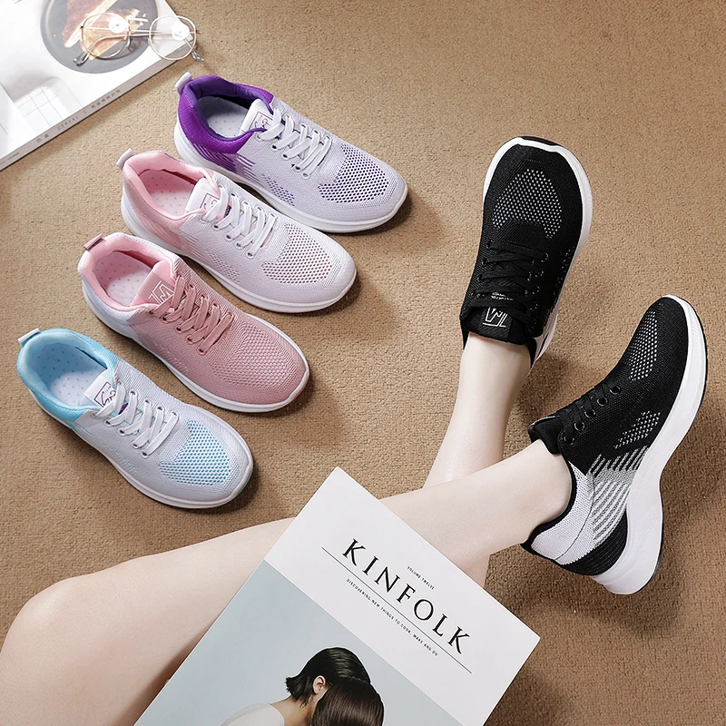 G-2212 Breathable silp on tennis knit flats Running sneakers shoes Casual Walking Shoes for Women stock
