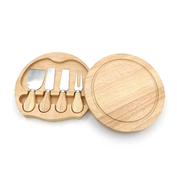 Hot Selling Medium Size Round Wood Cheese Cutting Board Set with 4 Pcs Cutlery,Chopper,Fork,Spreader,Cheese Tools Set (62582014135)
