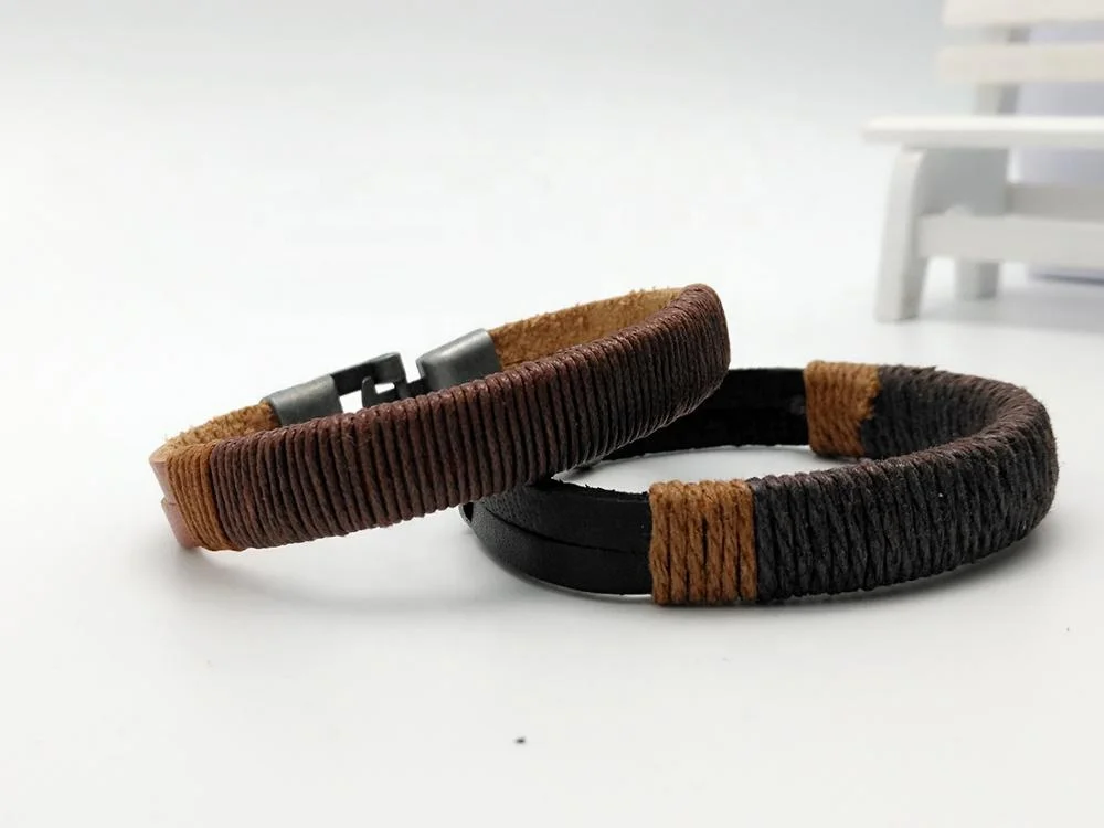 Steel Black Leather Twine Bracelet Hand Woven PU Leather Bracelet Wholesale