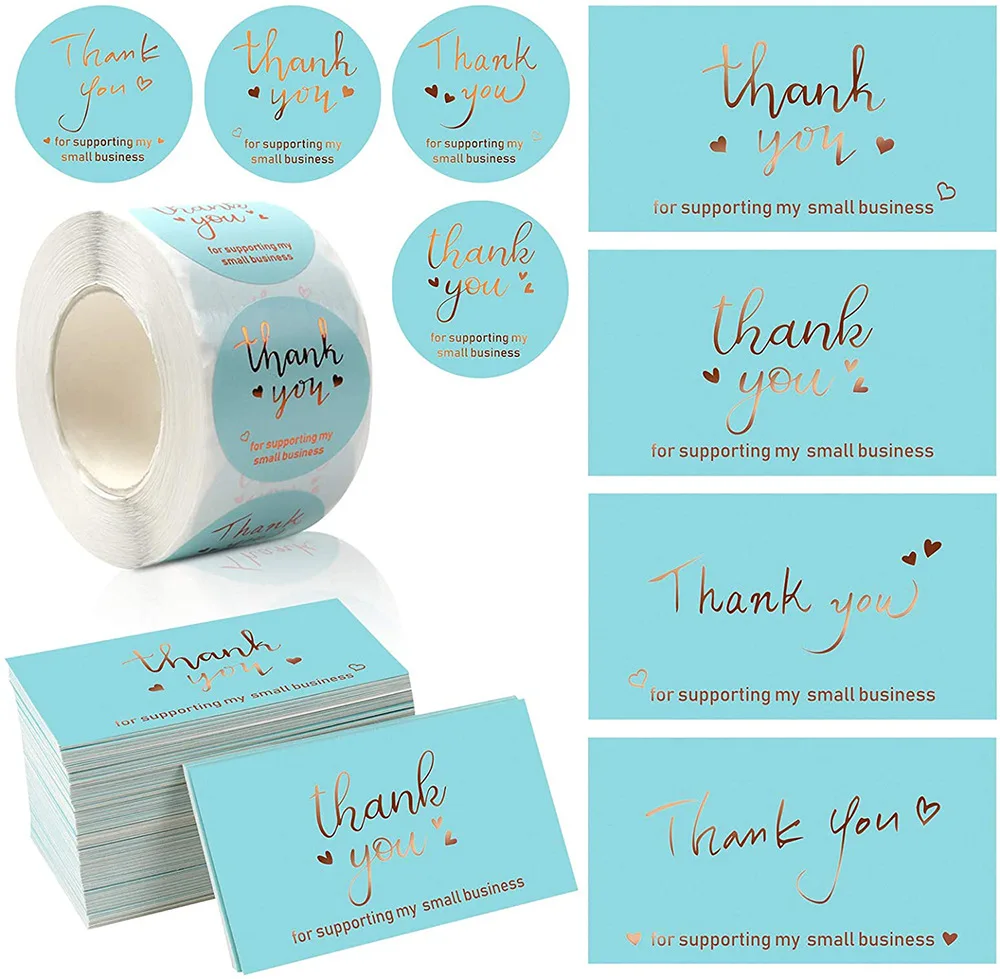 500pcs Roll 1.5 inch Blue Labels Gold Foil Thank You Stickers and Cards for Small Business