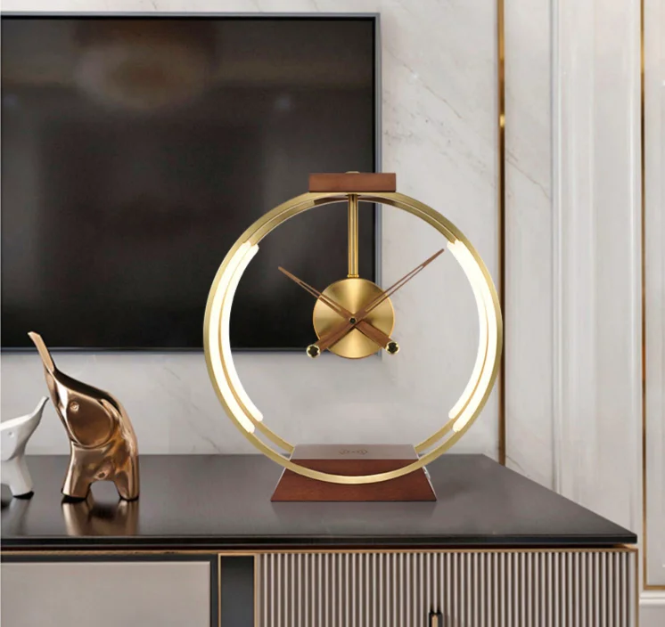 Aluminum clock lamp dimmable with phone holder wireless phone charging metal ball base modern table lamp with wooden base
