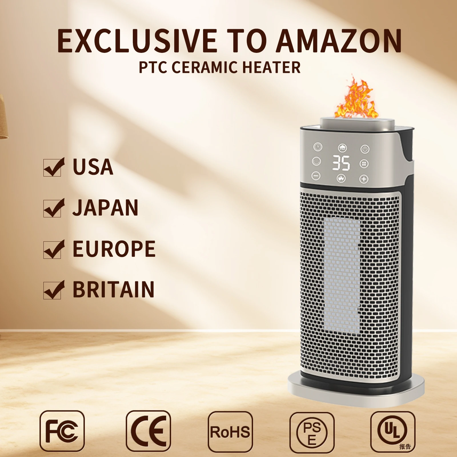 2000W Touch Screen  Portable Electric PTC Ceramic Heater with 3D Flame Humidifier Remote Control and Timing for Bedroom EU UK