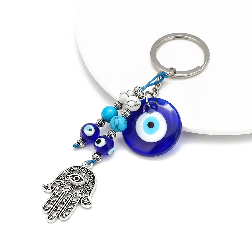 Turkish Evil Eye Keychains Lucky Blue Eye Fatima Hand Charm trinket Key Chain Vintage Keyring for Men Women Car Key Pendant