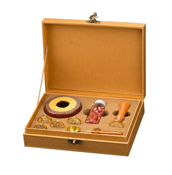 European Style Kraft Paper Color Gift Box Sealing Wax Stove 5 Gold Metal Brass Heads Heart Wax Stamp Melting Spoon Set