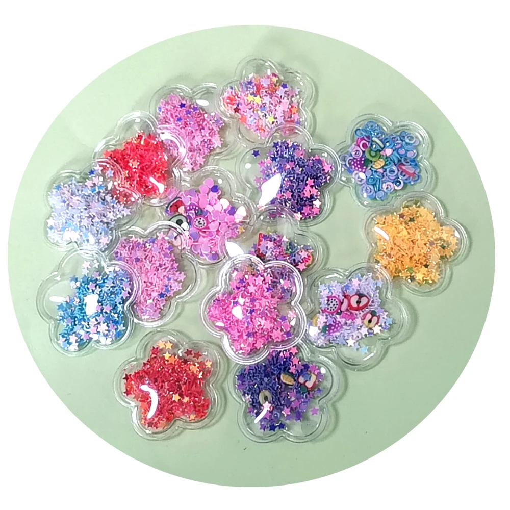 100pcs Soft Glitter Transparent Quicksand Star Crown Heart Flower Bowknot Hair Accessories DIY Hair Pins For Phone Case Decor