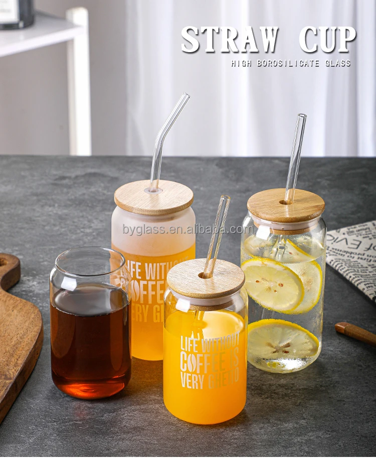 Coca Cup Single Layer High Borosilicate glass Material Factory Wholesale Straw Coca Cup with Bamboo Cap Sealing