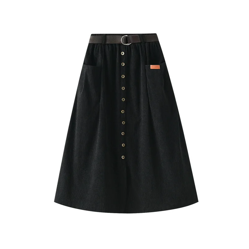 Hot sale winter Ladies Elegant Button front mid length women A-line Corduroy skirt with belt