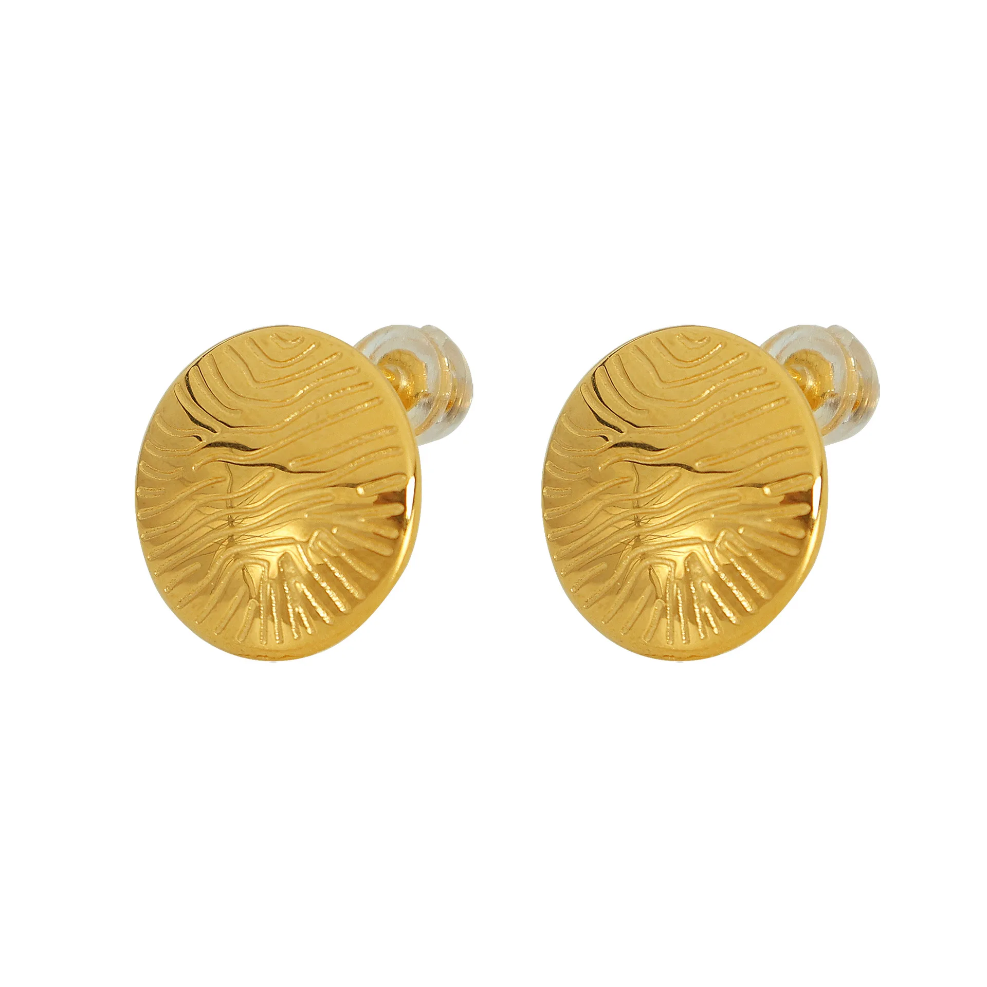 France Style High Quality Real Gold Plated Stainless Steel Irregular Pattern Round Disc Stud Earrings For Women
