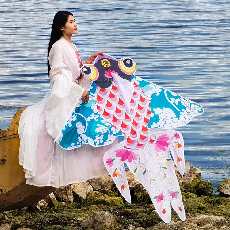 Chinese Traditional 120*160cm Blue-and-White Golden Fish Kite for Outdoor Flying