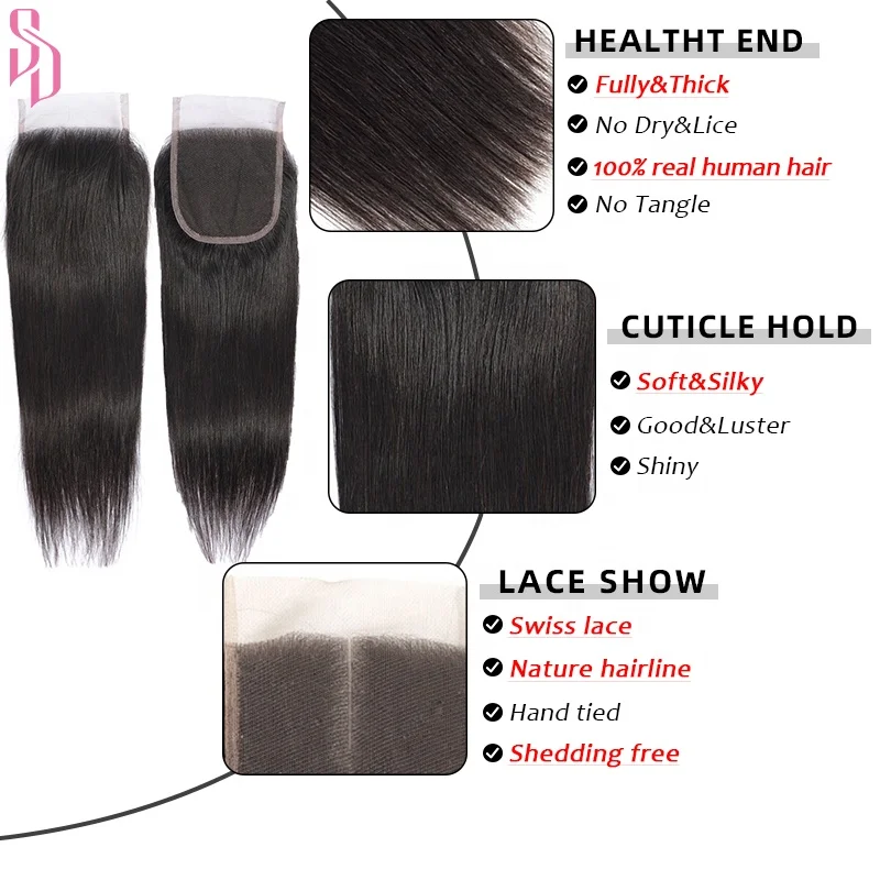 Brazilian Natural Remy Hair Extension Raw Indian Virgin 100% Human 4x4 5x5 Lace Closure Frontals Straight