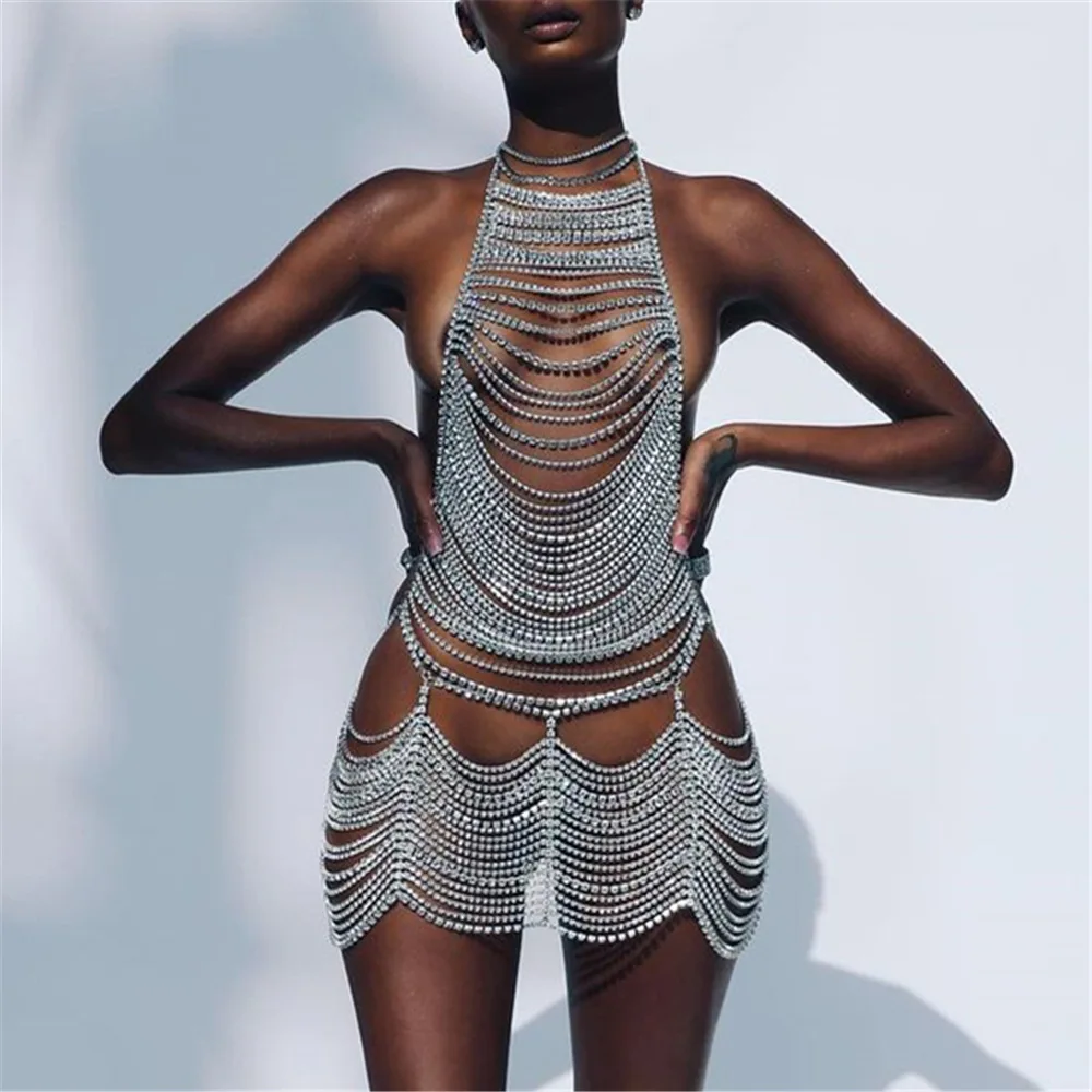 B057 Fashion rhinestone dress body chain evening show suit bikini cover up