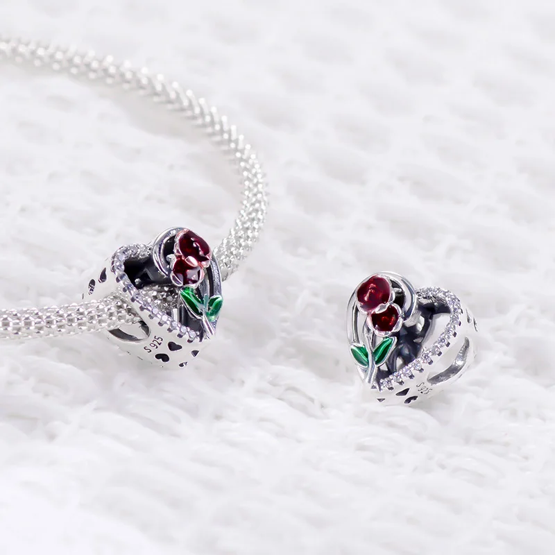 Enamel jewelry sterling silver 925 rose charming beads love charm for bracelet or necklace making