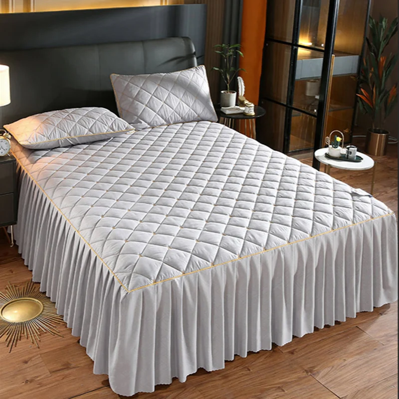 Luxury Ruffles Thicken Quilted Bed Spread Set Euro Home Pleated King Size Bed Cover Set Pleated Edge Bedspread Mattress Cover