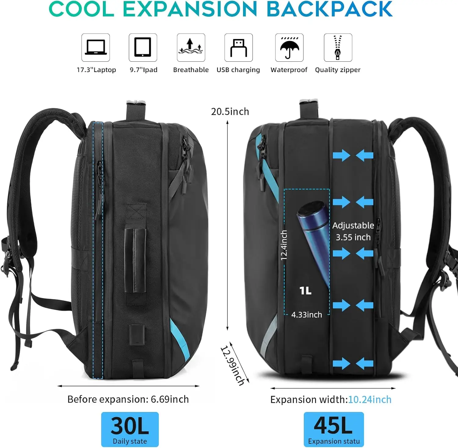Travel Carry on Backpack, Extra Large Expandable 45L Backpack for Flight approved