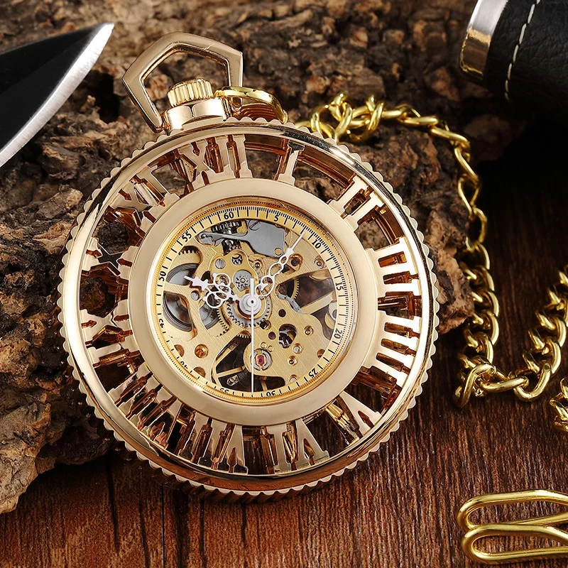 Luxury Gold Hollow Roman Dial Mechanical Watches Steampunk Golden Vintage Hand Wind Mechanical Watch FOB Chain Mens Womens Clock