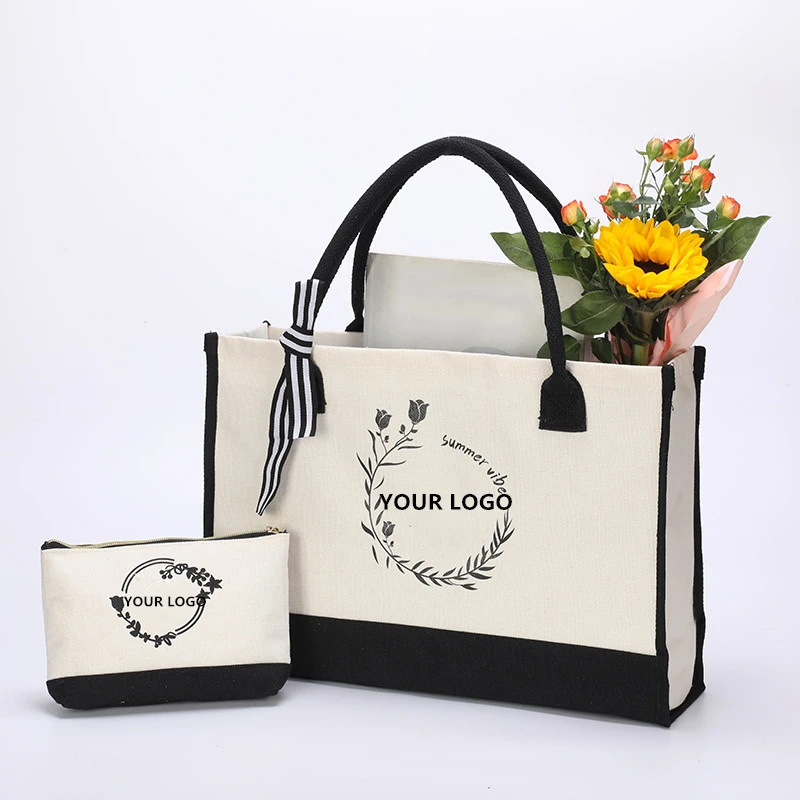 2024 New Fashion tote Bags Custom logo canvas Tote Bags Monogram Initial Canvas Bag with Inner Zipper Pocket