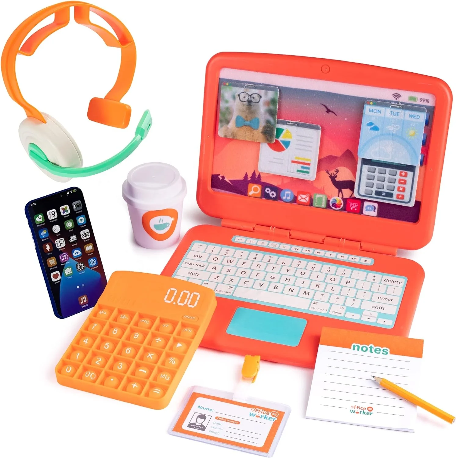 Pretend play office Set toy,educational laptop toys for kids with Phone w/LED Lights & Sounds, Calculator Pop It & Headset