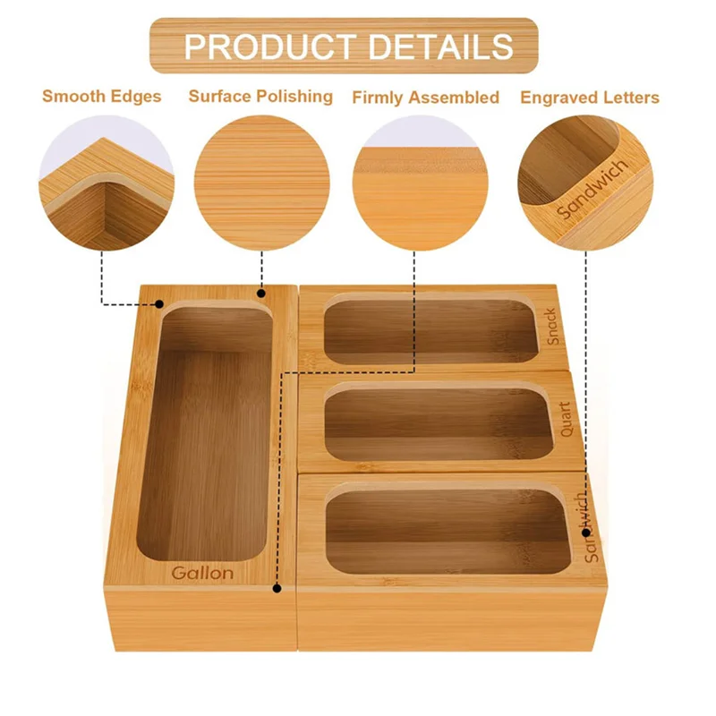 Wholesale Bamboo Aluminum Foil Cling Ziplock Bamboo Storage Boxes Dispenser Sandwich Bag Organizer For Kitchen Drawer