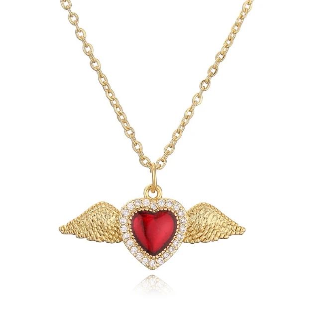 Hot Selling Dainty Choker Red Zircon Stone Necklaces Gold Plated Jewelry Women Mother Angel Heart Necklace