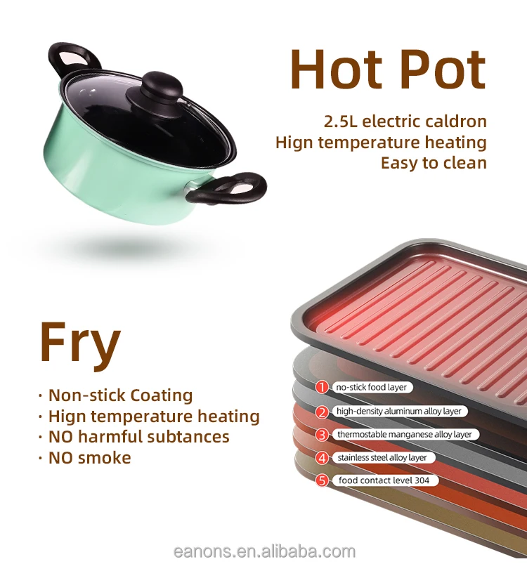 Multifunctional 2 in 1 Home Smokeless Hot Pot Electric Non-stick Grill Pan Hotpot Kebab Barbecue BBQ Grill for kitchen cooking