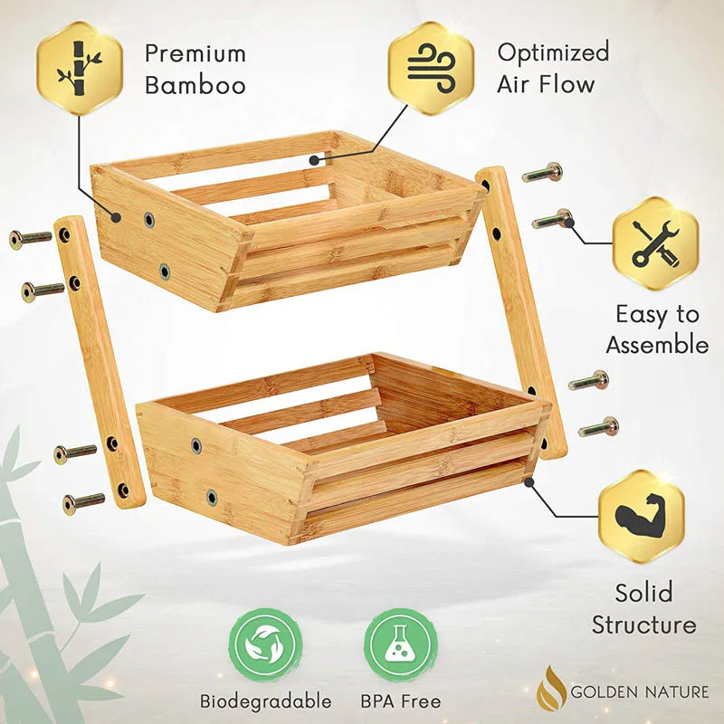 
Bamboo Fruit Basket 2 Tier Fruit and Vegetable Storage Stand for Kitchen Countertop 