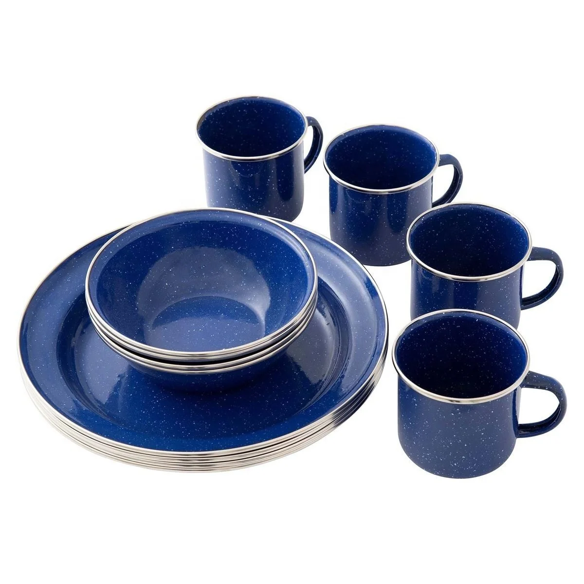 Explore Planet Earth Enamel Dinner Set 12 piece 4 x 350ml Mug  4 x 15cm Bowl  4 x 24cm Plate Blue Enamel white speckles Camping