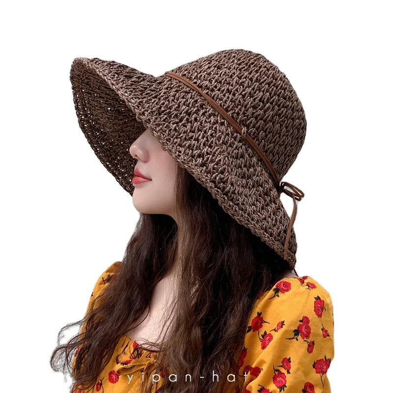 Straw Bucket Hat for Women Summer Wide Brim Beach Sun Hat with Strap