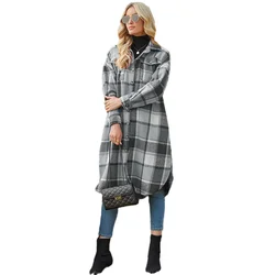2021 Autumn Wholesale Long Sleeve Ladies Plaid Woolen Coat with Pocket Jacket Woman Jacket plaid trench coat