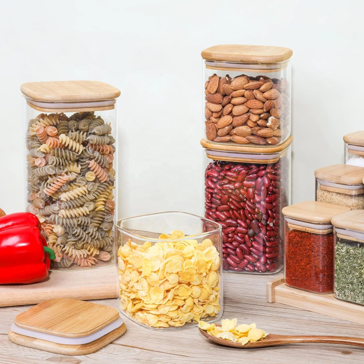Square Airtight Coffee Tea Spice Glass Jar Kitchen Organizer Storage Bottles Sealed Glass Food Storage Jars with Bamboo Lid