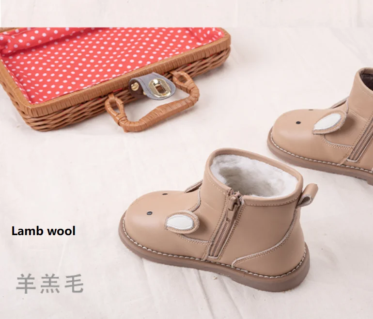 Ivy82058A Kids fall winter thick ankle boot new cute animal design girls lamb wool genuine leather boot child warm shoes