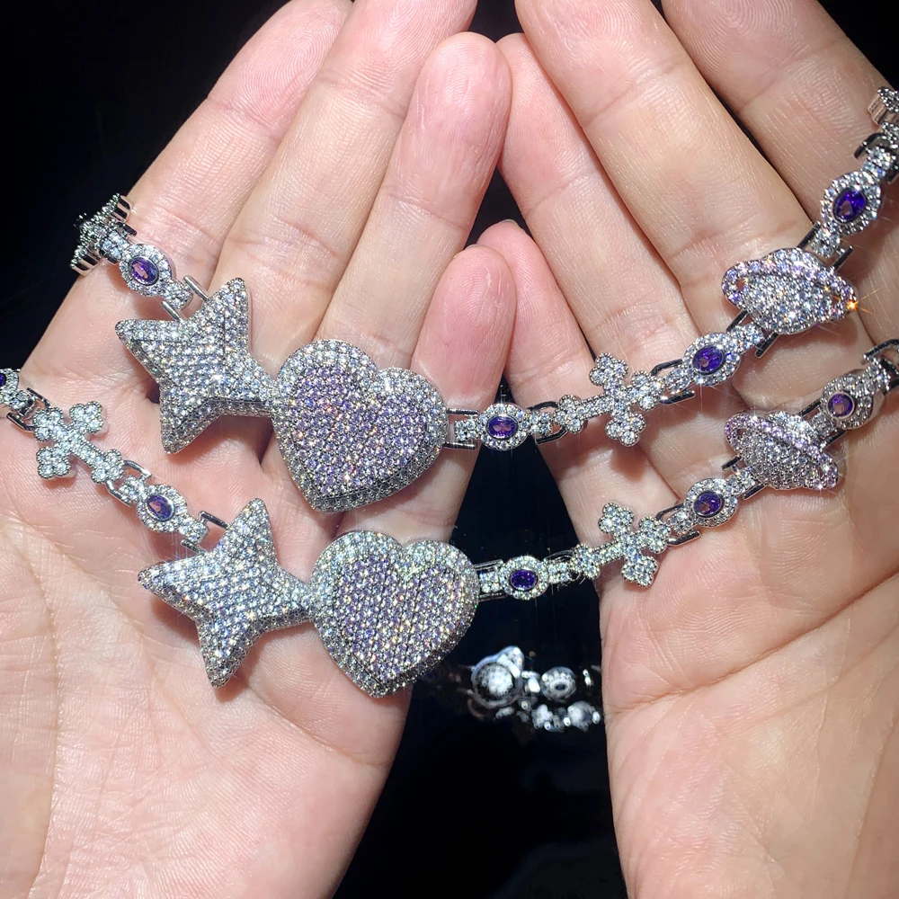 New Arrived Iced Out Bling Men Jewelry Rhodium Plated Cross Star Heart Earth Various Charms Link Chain Hip Hop Necklace