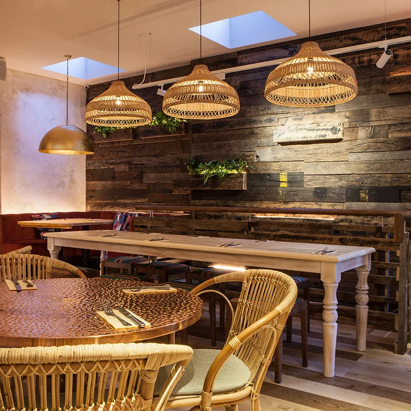 Indoor Retro Decorative Modern Decorative Round Led Hanging Wicker Light Wooden Woven Rattan Pendant Lamp For Restaurant