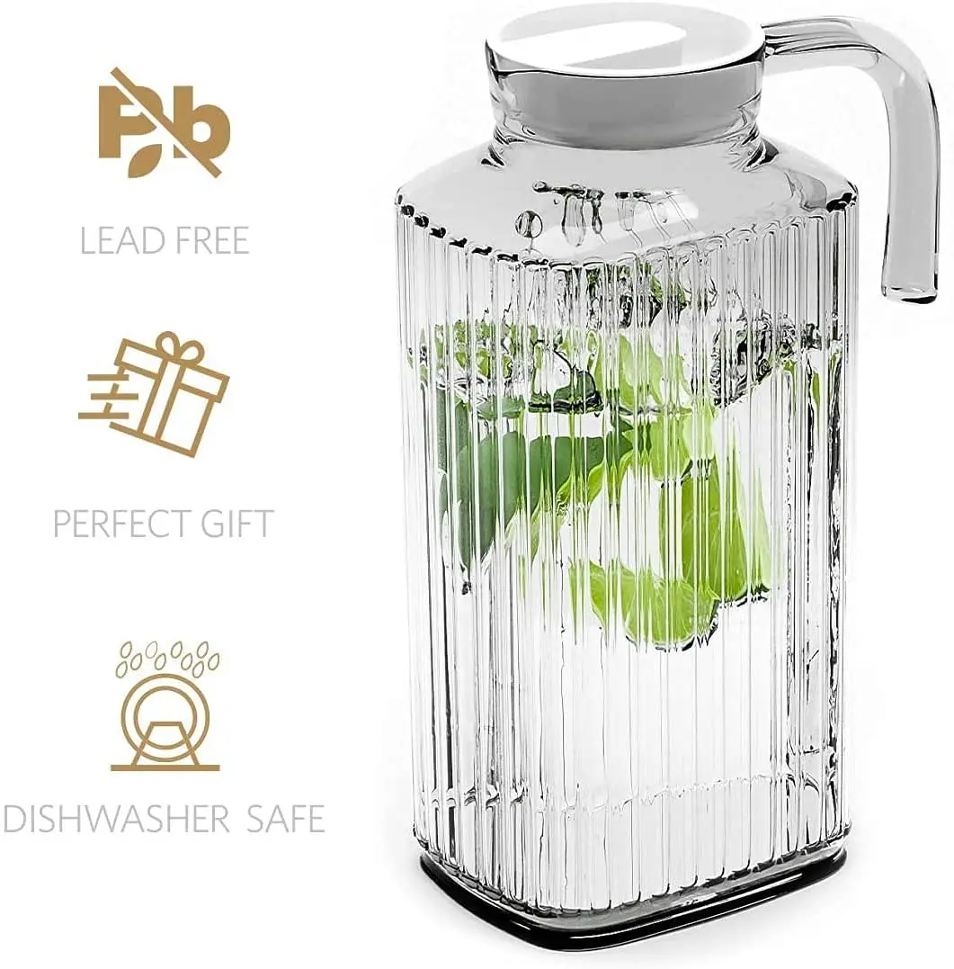 1.8L Wholesale Engraved Big Juice Glass Pitcher Water Jugs Tea Pot Jug with Plastic Lid for Cold Water