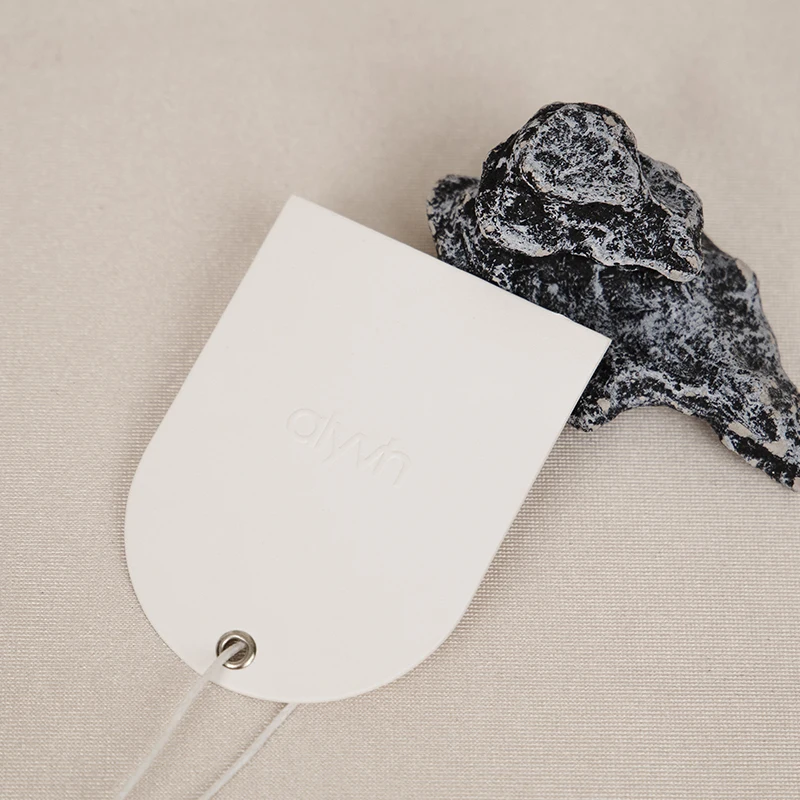 custom embossed logo metal eyelet hangtag paper swing tag arch shape tag with string
