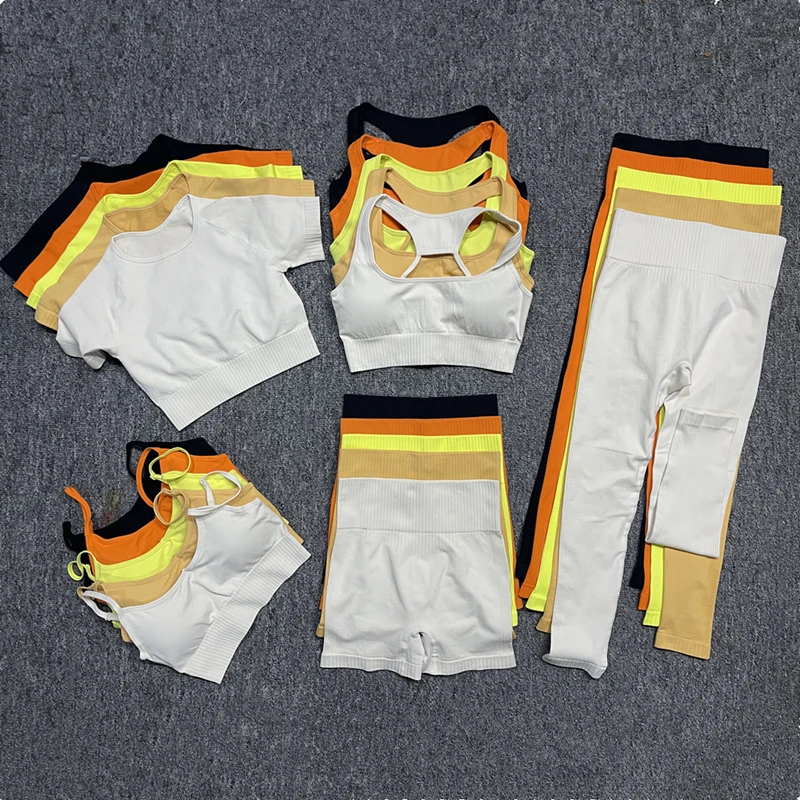 Tiktok Hot Sale Fitness Apparel Women Seamless Yoga Leggings Gym Set Athletic Wear Ribbed Biker Shorts Workout Clothes