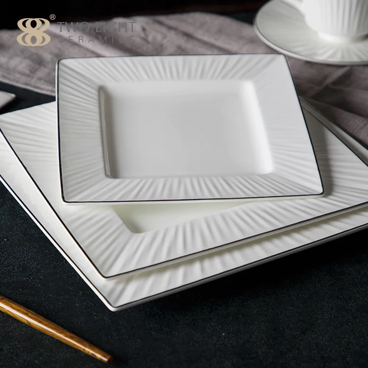 2021 elegant bone china plates restaurant White Silver Rim fine bone china dinner set Plates ceramic square plate