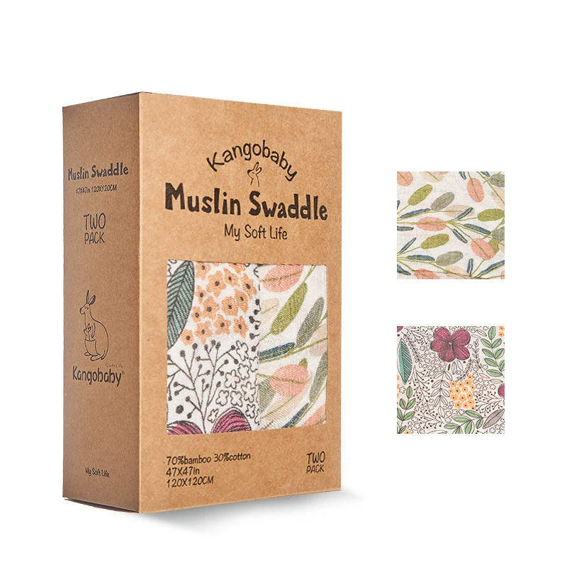 Kangobaby wholesale Safe Bamboo Cotton Baby Muslin Wrap Breathable Gauze Bath towel Breastfeeding Throw blanket baby gift set