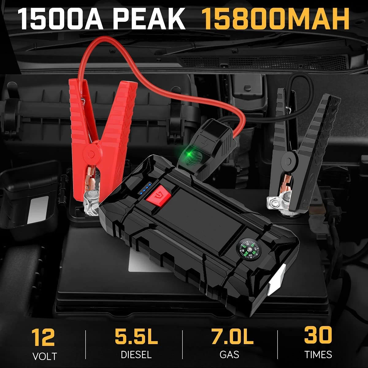 Car Jump Starter - 1500A Peak 15800mAh, 12V Auto Battery Booster